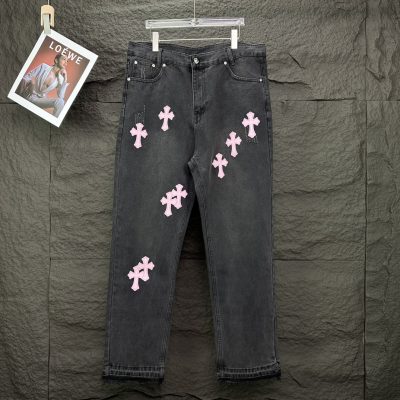 Premium Chrome Hearts Jeans Pink Leather Washed Luxury