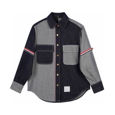 High Quality Thom Browne Shirts Blue Denim Patchwork Style