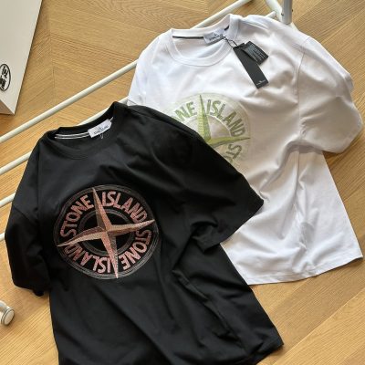 Premium Quality Stone Island Short Sleeves Black Cotton Embroidery Style