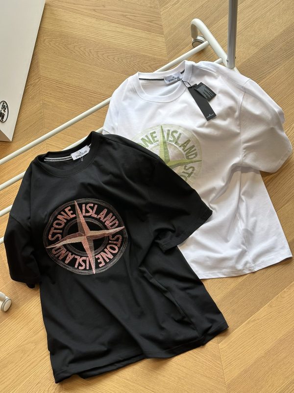 Premium Quality Stone Island Short Sleeves Black Cotton Embroidery Style