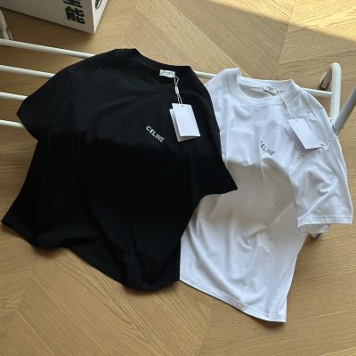 Premium Quality Celine Short Sleeves Black Jersey Logo Collection