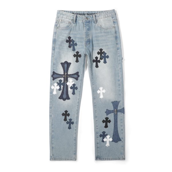 Premium Chrome Hearts Jeans Silver Leather Patchwork Luxury