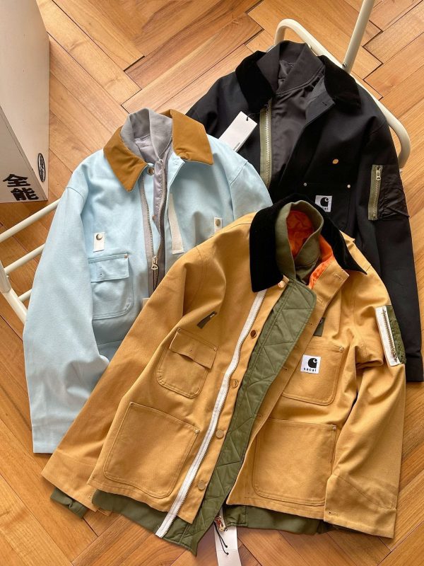 High Quality Sacai Coats Khaki Canvas Classic Style