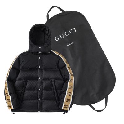 Luxury Gucci Down Jacket White Canvas Jacquard Style