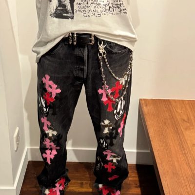 Premium Chrome Hearts Jeans Black Leather Patchwork Luxury