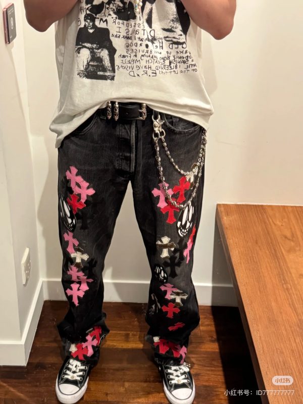 Premium Chrome Hearts Jeans Black Leather Patchwork Luxury
