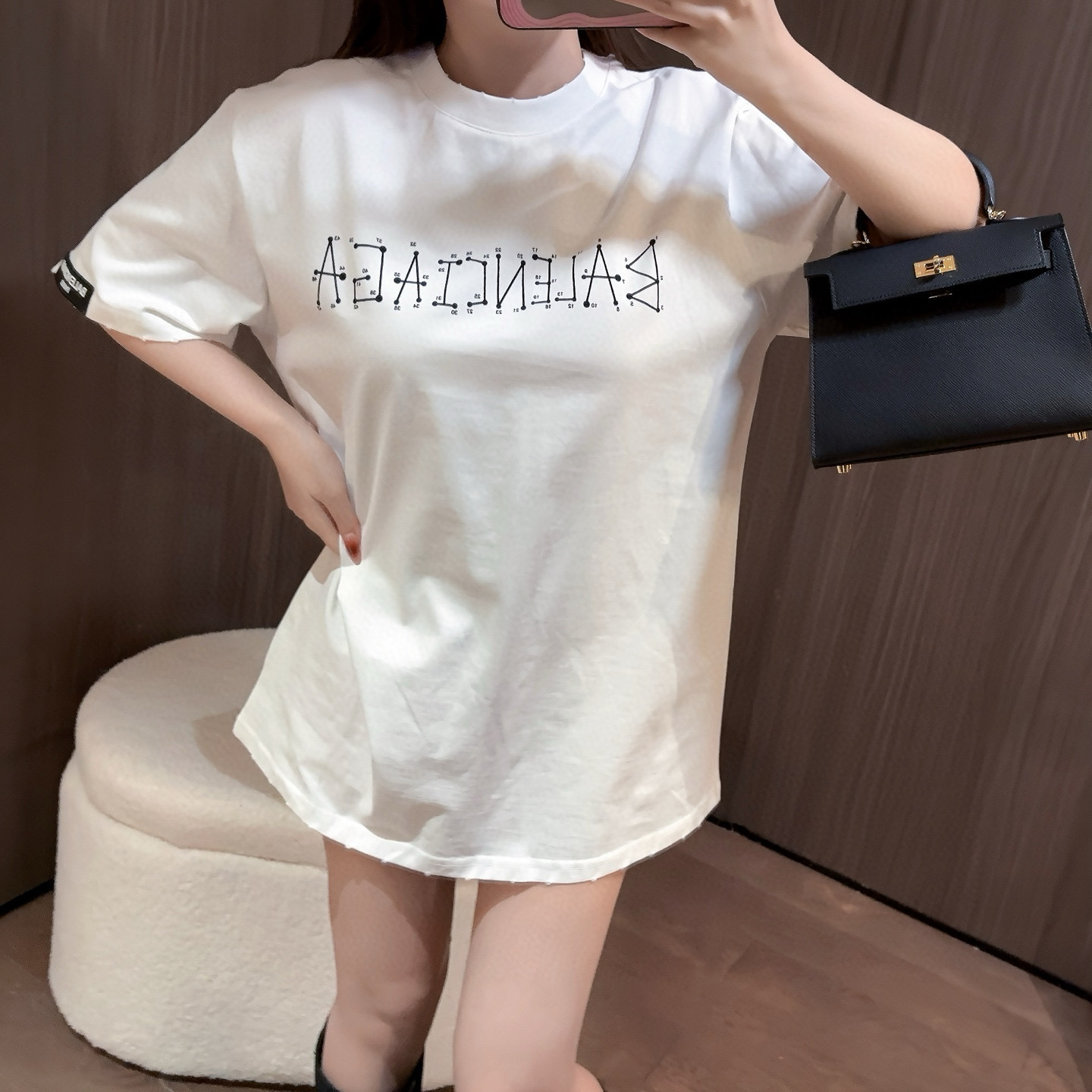 High Quality Balenciaga Short Sleeves Black Leather Print Collection