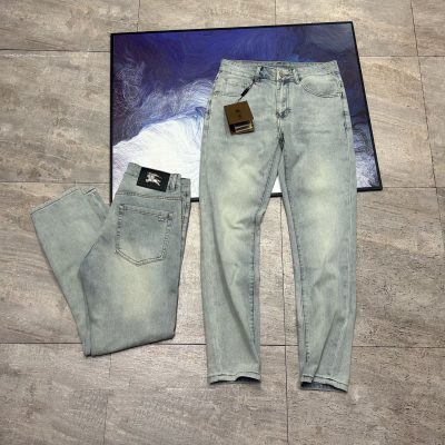 Premium Burberry Jeans Gray Leather Logo Style