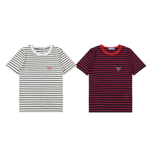 Premium Prada Short-Sleeved T-Shirts White Cotton Stripe Collection
