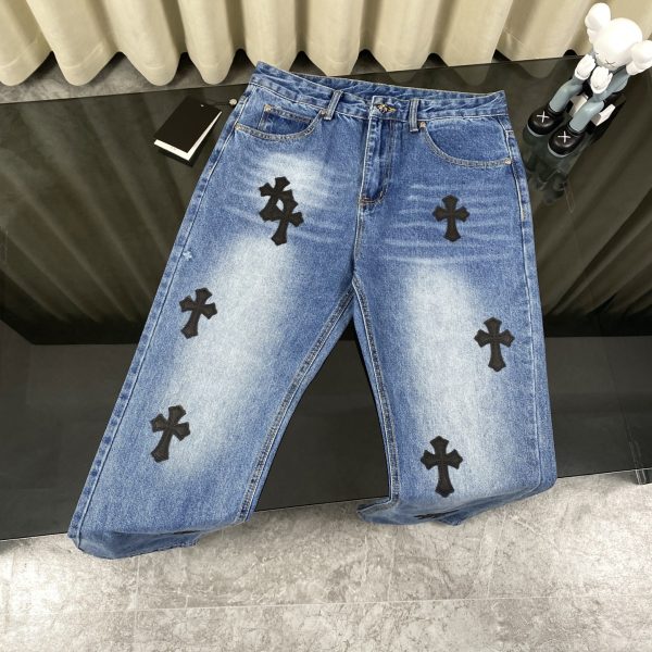 Luxury Chrome Hearts Jeans Black Leather Patchwork Style