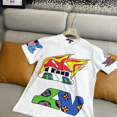 Luxury Louis Vuitton Short Sleeves White Silk Graphic Style