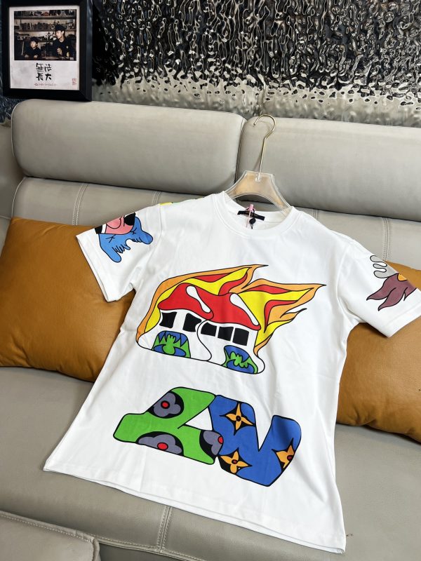 Luxury Louis Vuitton Short Sleeves White Silk Graphic Style