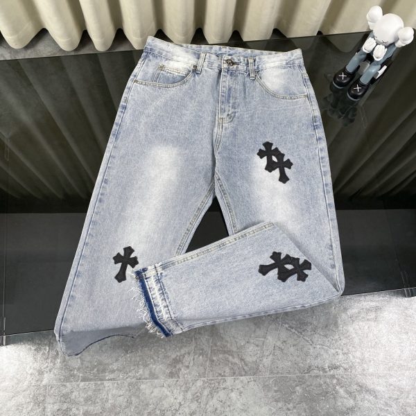 Premium Chrome Hearts Jeans Black Leather Patchwork Collection