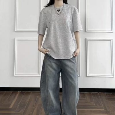 Premium Prada Short Sleeves Gray Cotton Breathable Luxury