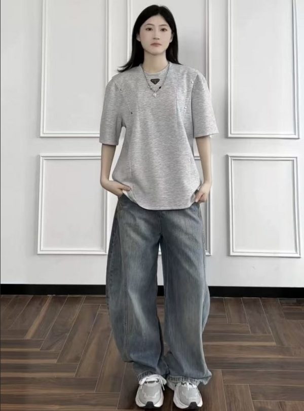 Premium Prada Short Sleeves Gray Cotton Breathable Luxury