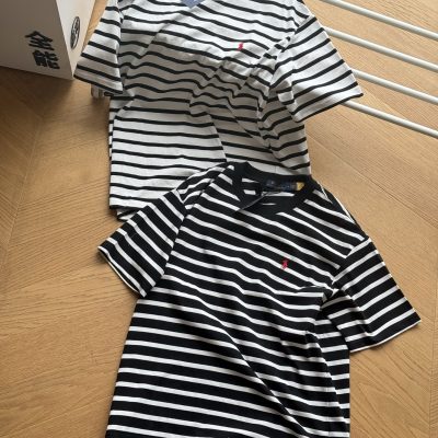 High Quality Ralph Lauren Short Sleeves Black Cotton Striped Luxury