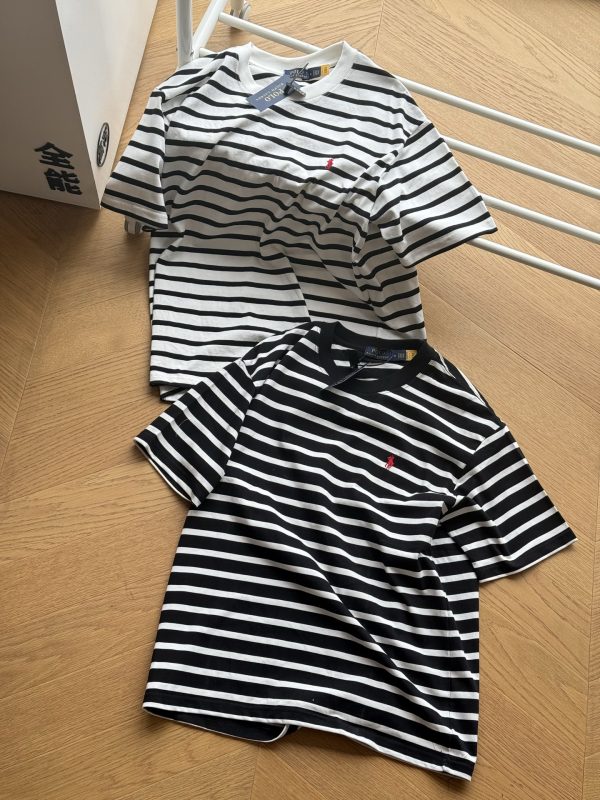 High Quality Ralph Lauren Short Sleeves Black Cotton Striped Luxury