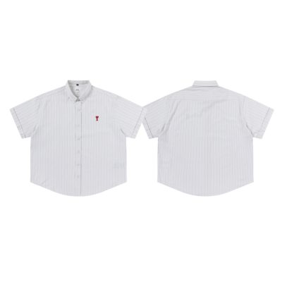 Luxury Ami Short-Sleeved Shirt Red Cotton Embroidered Style