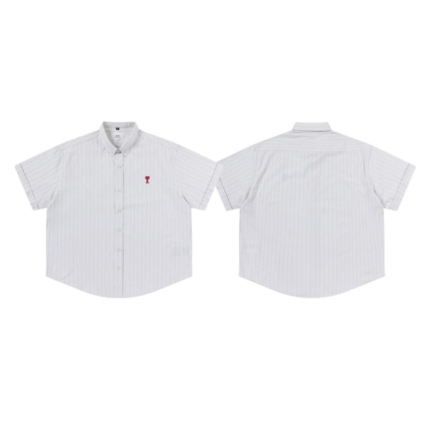 Luxury Ami Short-Sleeved Shirt Red Cotton Embroidered Style