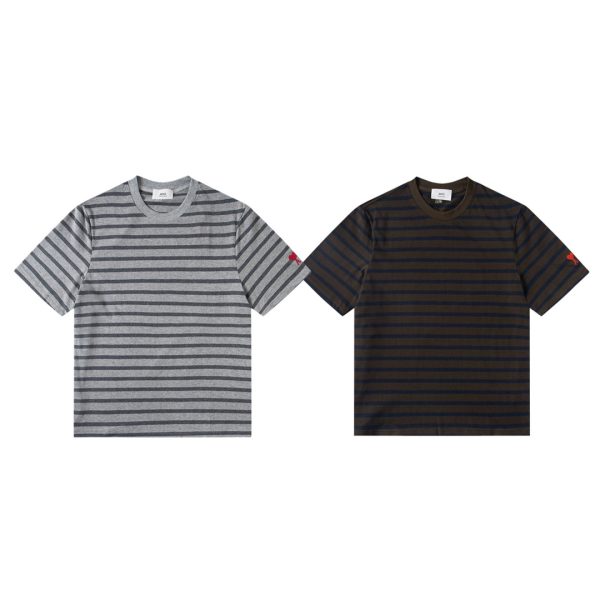 Best Selling Ami Short-Sleeved Shirt Gray Cotton Striped Style