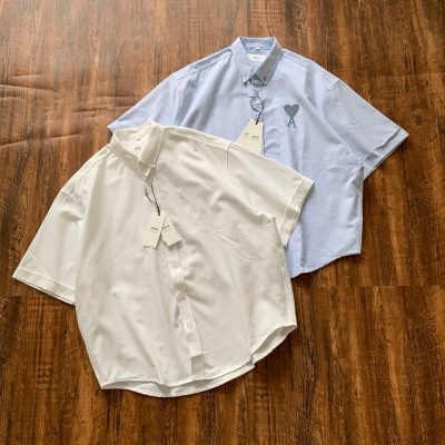 Premium Ami Short-Sleeved Shirt Red Cotton Embroidered Luxury