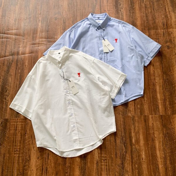 Premium Ami Short-Sleeved Shirt Red Cotton Embroidered Style