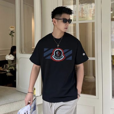 Luxury Moncler Short Sleeves Black Cotton Embroidered Style