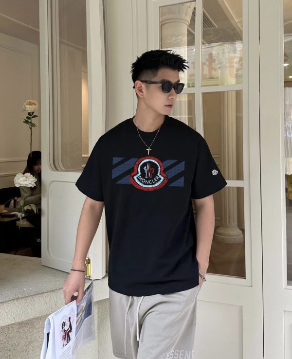 Luxury Moncler Short Sleeves Black Cotton Embroidered Style