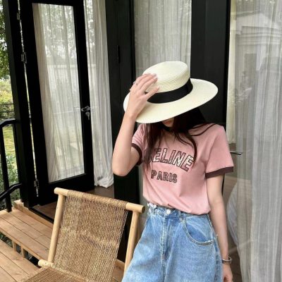 Premium Celine Short Sleeves Pink Plaid Luxury