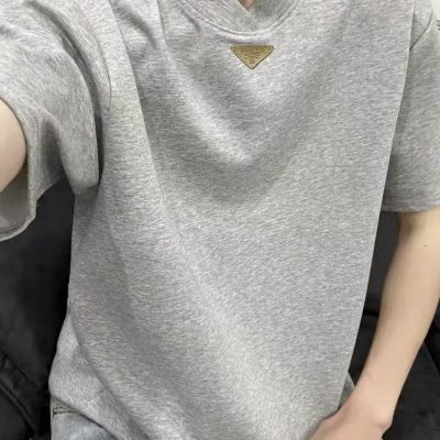 Premium Prada Short Sleeves Gray Cotton Minimalist Style