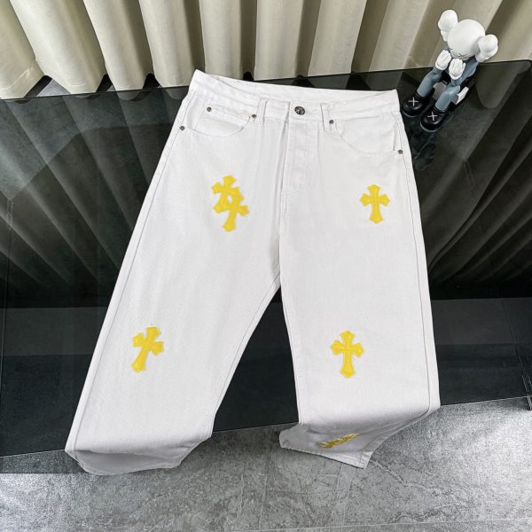 Premium Chrome Hearts Jeans White Leather Washed Style