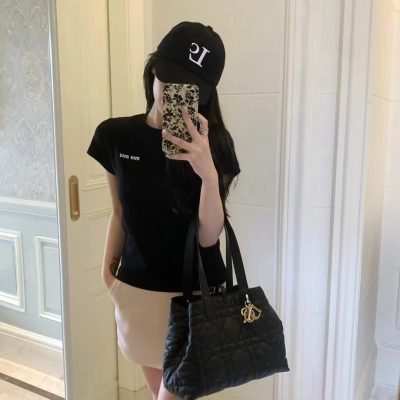 High Quality Miu Miu Short Sleeves Black Cotton Embroidered Luxury