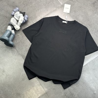 Luxury Dior Short Sleeves Black Cotton Embroidered Luxury