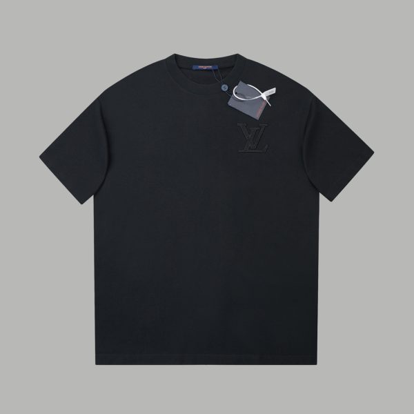 Premium Quality Louis Vuitton Short Sleeves Black Cotton Logo Style