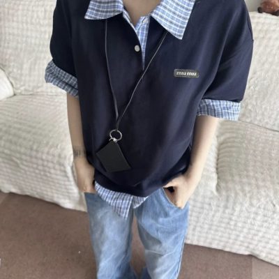 High Quality Miu Miu Short-Sleeved Shirts Navy Cotton Plaid Collection