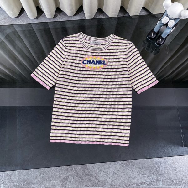 Luxury Chanel Short-Sleeved Shirt White Knit Striped Collection