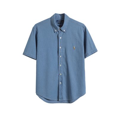 Premium Ralph Lauren Short-Sleeved Shirt White Denim Solid Style