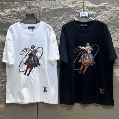 Premium Quality Louis Vuitton Short Sleeves Black Embroidery Luxury