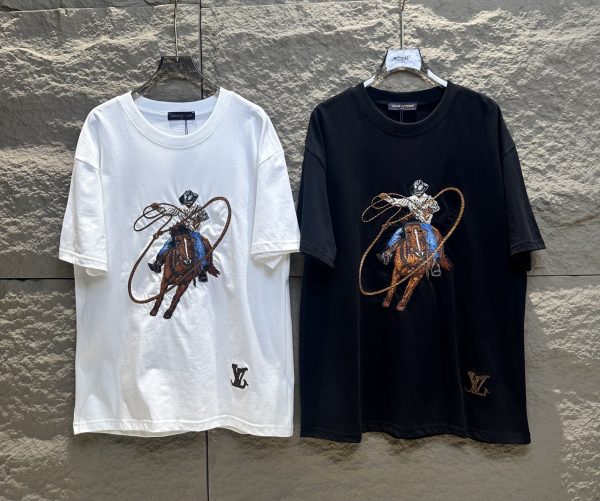 Premium Quality Louis Vuitton Short Sleeves Black Embroidery Luxury