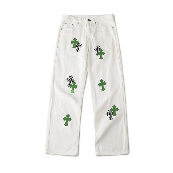 Premium Chrome Hearts Jeans White Leather Style