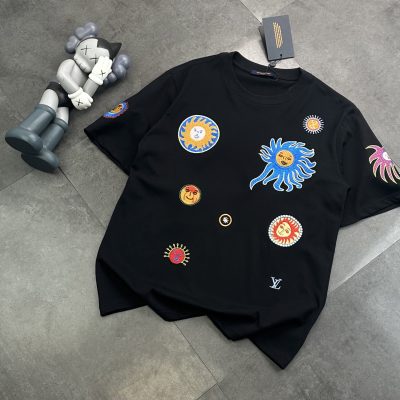 Premium Louis Vuitton Short Sleeves Black Cotton Embroidered Style