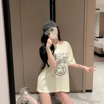 Best Selling Gucci Short Sleeves Pink Cotton Embroidered Style