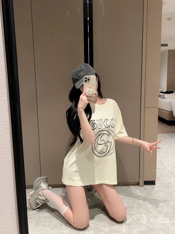 Best Selling Gucci Short Sleeves Pink Cotton Embroidered Style