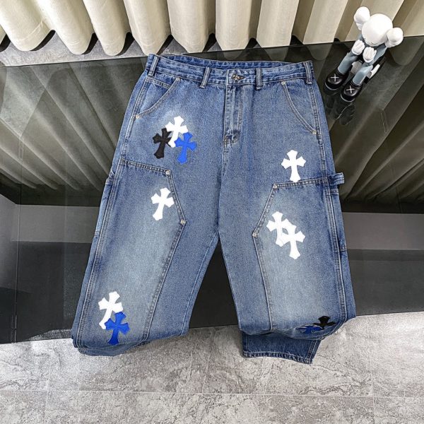 Best Selling Chrome Hearts Jeans Black Leather Patchwork Collection