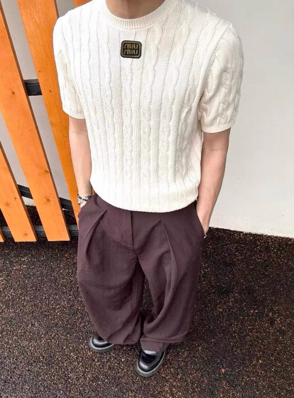 High Quality Miu Miu Short Sleeves Gold Knit Breathable Style