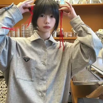 Premium Prada Long Sleeves Gray Linen Oversized Style