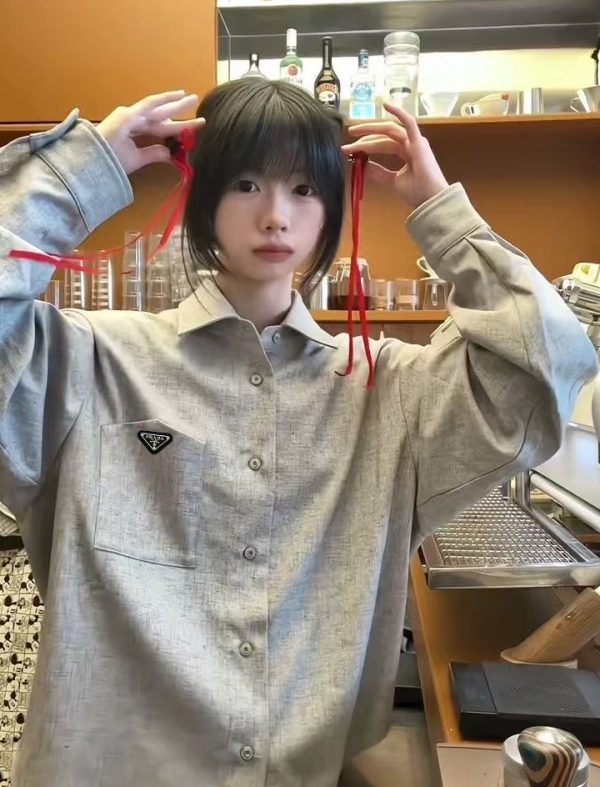 Premium Prada Long Sleeves Gray Linen Oversized Style