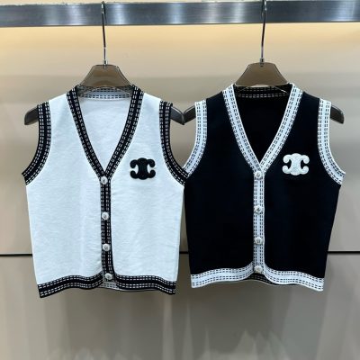 Premium Quality Celine Vest White Knit Embroidered Style