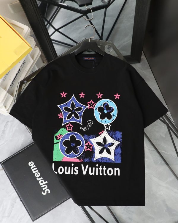 High Quality Louis Vuitton Short-Sleeved Shirt Black Leather Print Style