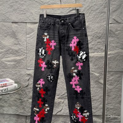 Luxury Chrome Hearts Jeans Pink Leather Patchwork Collection
